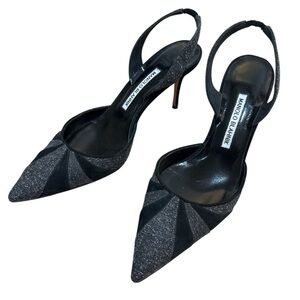 MANOLO BLAHNIK GREY AND BLACK SLINGBACK POINTED TOE HEELS EUC SIZE 38 1/2
